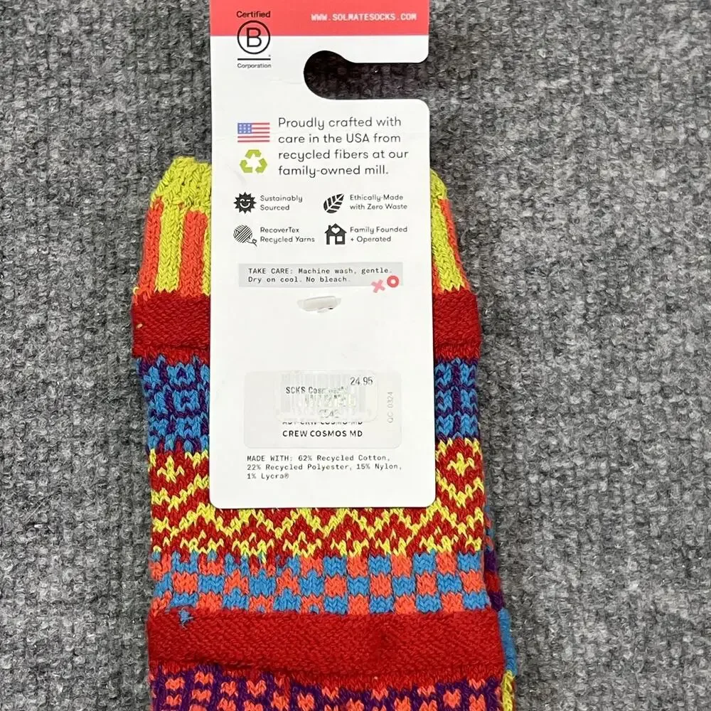 Solmate Crew Socks Womens M Multicolor Cosmos Fair Isle Recycled Cotton USA